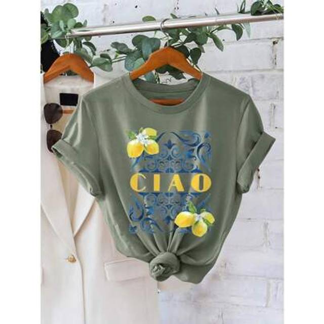SHEIN CIAO And Lemon Print Casual Round Neck Short Sleeve T-Shirt, Summer Outfits