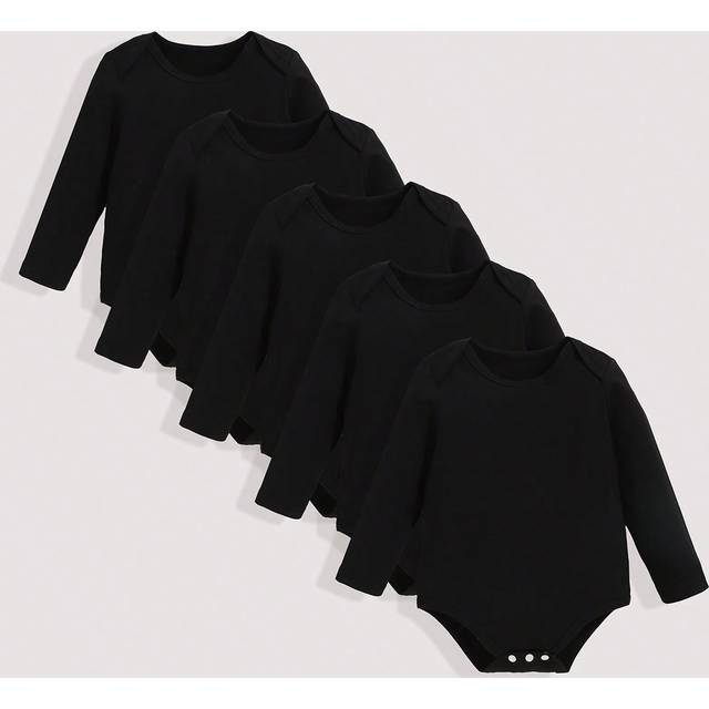 SHEIN 5pcs/Set Baby Boy Casual Solid Color Rompers, Versatile Long Sleeve Bodysuit, All Season