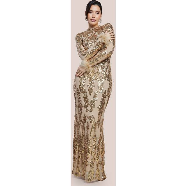 Sequin High Neck Feather Cuff Maxi Dress - Gold by Goddiva - 16