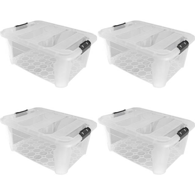 Plastic Secure Clip Lidded Storage Box with Wheels, Set of 4, 60L - Clear - One Size