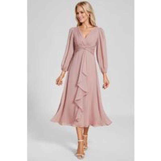 Pleated V Neck Long Sleeves Women's Elegant Wedding Guest Dress - Dusty Pink - 20