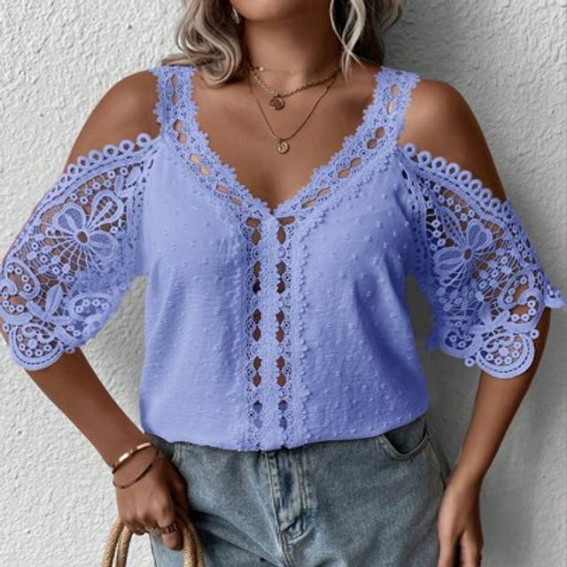 SHEIN Plus Size Cold Shoulder Lace Patchwork Hollow Out Blouse