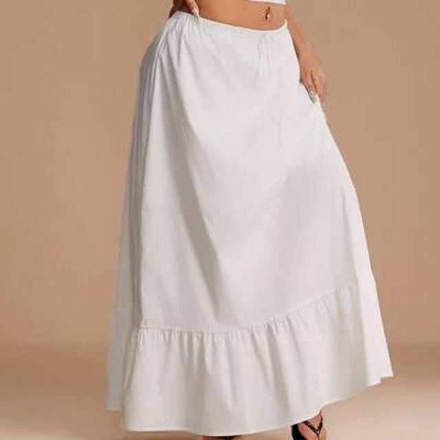 SHEIN Plus Size White Elastic Waist A-Line Casual Long Skirt, Summer