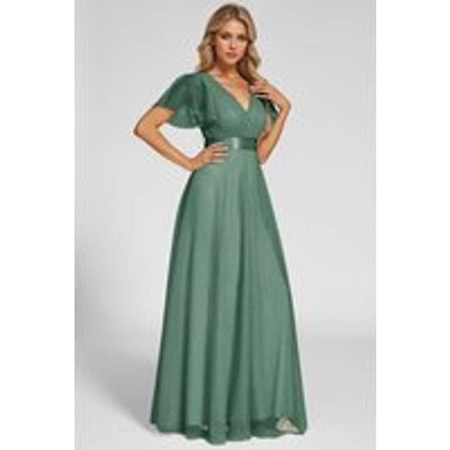 Elegant spring V Neck Ruffle Sleeve Ruched Empire Waist A line Maxi Evening Dress - Green - 20