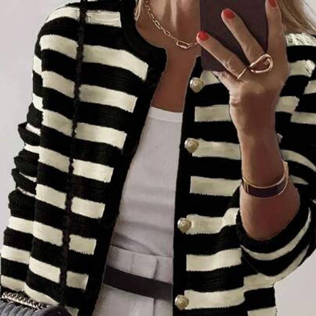 SHEIN New Arrival Women&#39;s Elegant Contrast Color Crew Neck Long Sleeve Black & White Button Knitted Cardigan