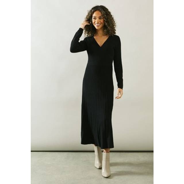 Womens Pleated Skirt Wrap Detail Knitted Midi Dress - Black - XL