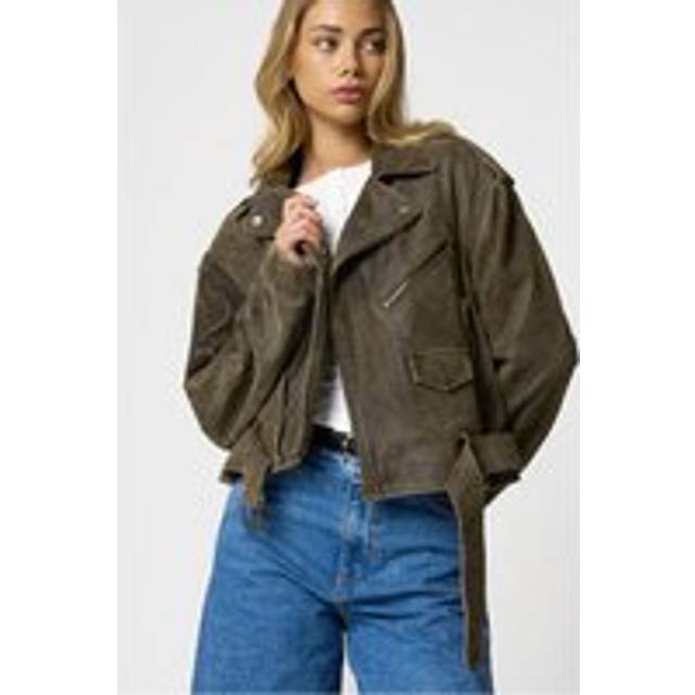 Womens Oversized Cropped Suede Biker Jacket - Green - 18