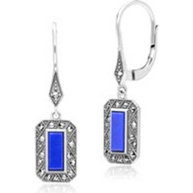 Art Deco Style Rectangle Lapis Lazuli and Marcasite Drop Earrings in Sterling Silver - One Size