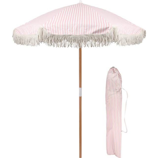 1.4M Wooden Garden Parasol with Tassel Fringe - Pastel Pink Stripe