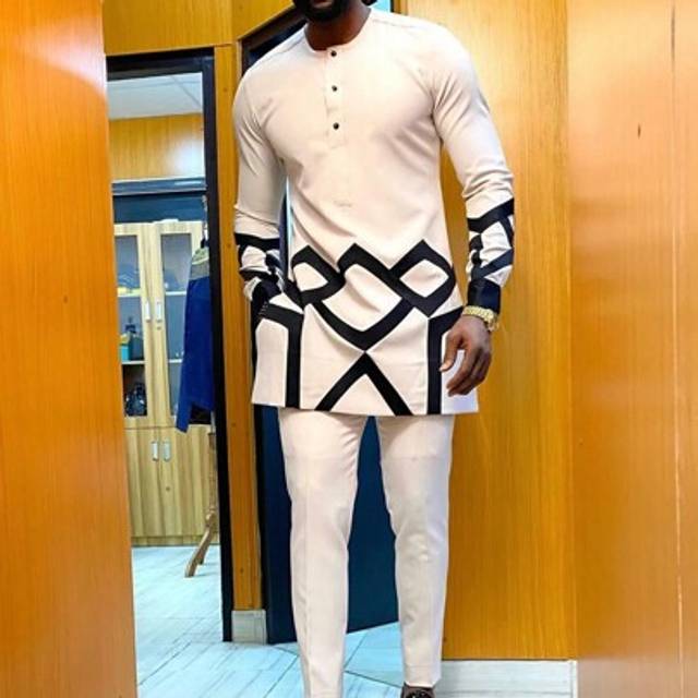 SHEIN African Traditional Men Suit Printed Shirt Top Elastic Waist Pants White Wedding 2 Pieces Set Outfits Costumes