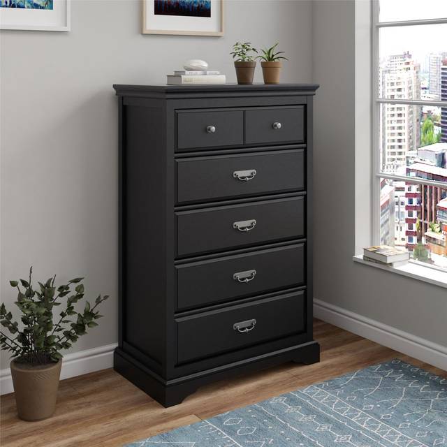 Bristol 5 Drawer Dresser, White - Black (135.4cm H X 87.4cm W X 48.5cm D)