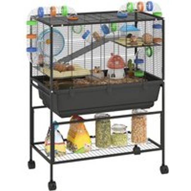 PawHut Hamster Cage, 3 Tier Large Gerbil Cage on Wheels with 17cm Tray, Black