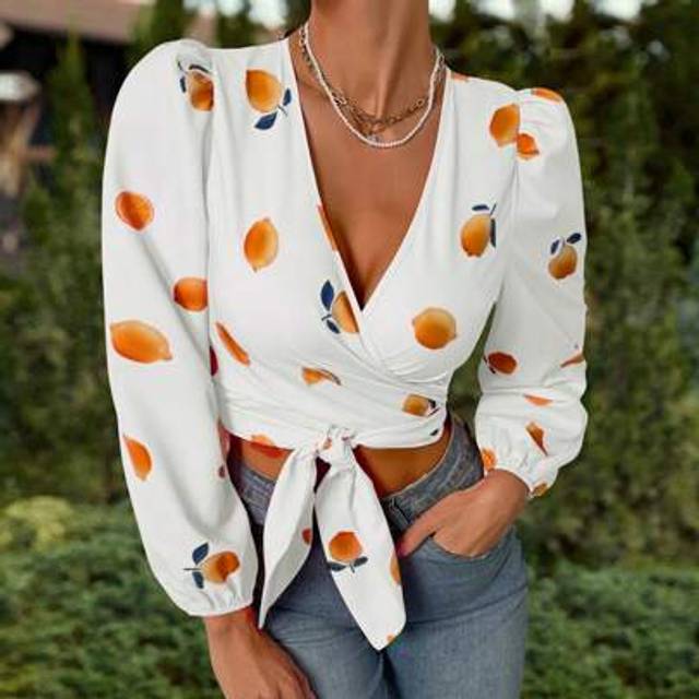 INAWLY Casual Fruit Print Lantern Sleeve Tie-Front Wrap Blouse, Cute Top