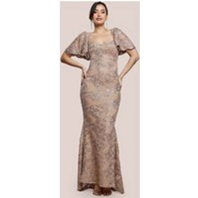 Goddiva Scalloped Cape Open Back Lace & Sequin Maxi Dress - Champagne - 8