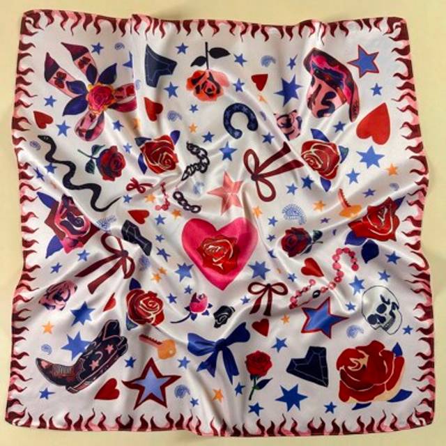 SHEIN 1PC Ladies Horseshoes Western Boots Cowboy Hat Snake Roses Print Square Scarf Elegant Neckerchief Bandana Women Satin Head Scarf Hair Accessories