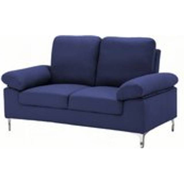 Modern Two Seater Sofa Blue Fabric with Chrome Feet - Comfortable Couch with Cushion for Living Room, Bedroom or Office