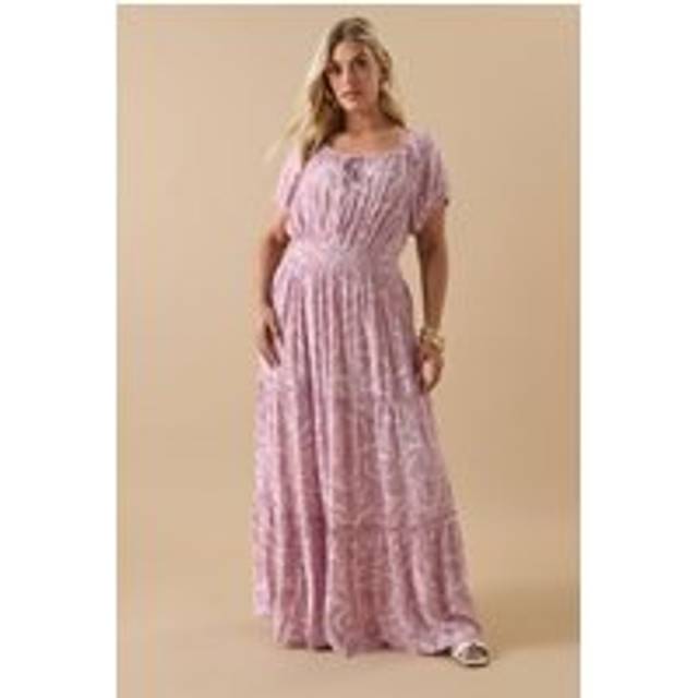 Yours Curve Pink Leaf Print Tie Front Maxi Dress, Women's Curve & Plus Size, Yours - 18
