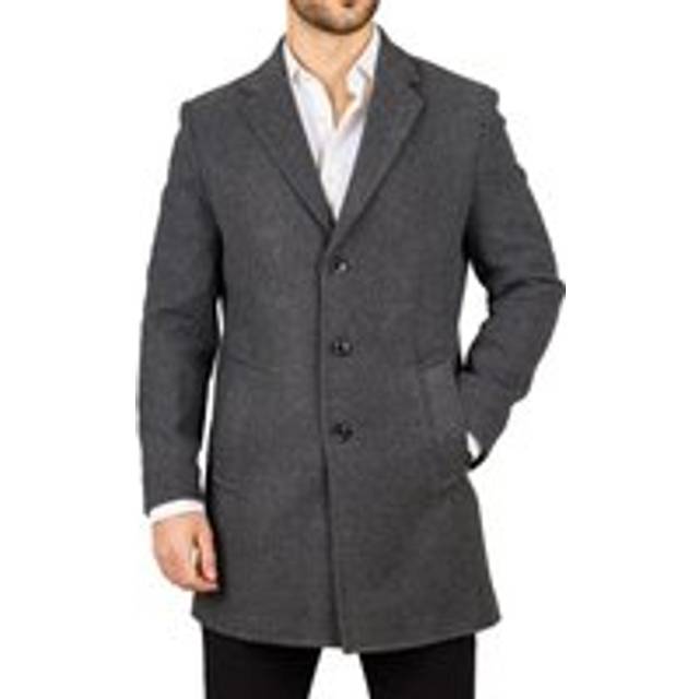 Notched Lapel Collar Wool Blend Overcoat Classic Trench Coat Winter Jacket - Grey - XXL