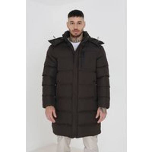 Longline Hooded Padded Puffer Jacket - Brown - M
