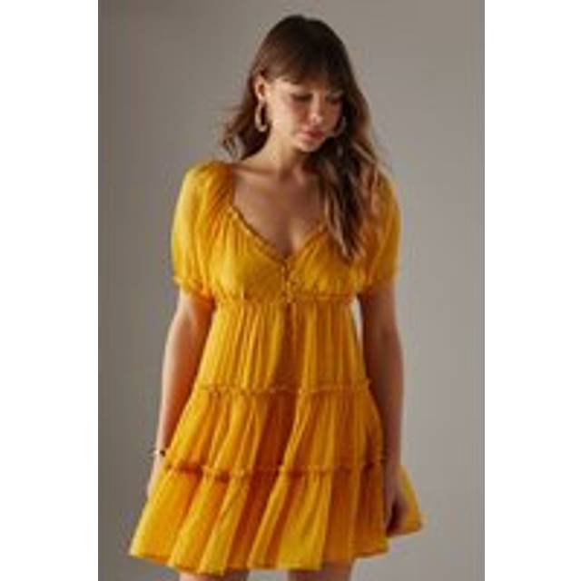 Womens Dobby Chiffon Button Mini Smock Dress - Yellow - 14
