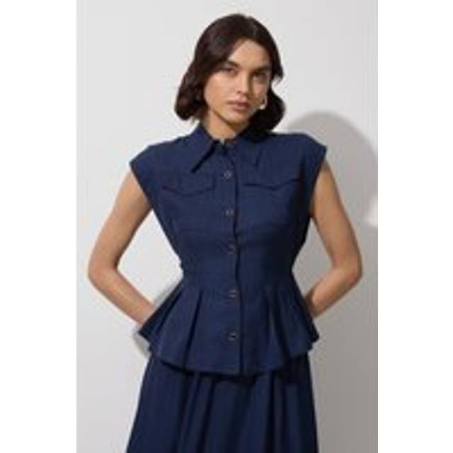 Tall Premium Viscose Linen Topstitch Woven Blouse With Waist Seam Detail - Navy
