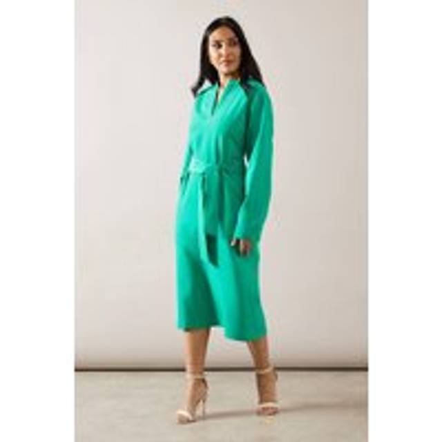 Womens Petite Collared Long Sleeve Tie Waist Midi Dress - Bright Green - 12