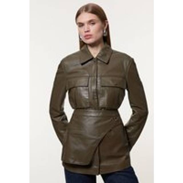 Leather Safari Jacket With Detachable Wrap Belt Detail - Olive