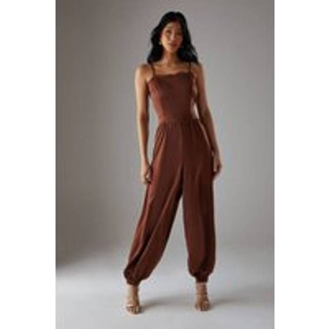 Satin Lace Trim Elasticated Cuff Strappy Jumpsuit - Chocolate - 14