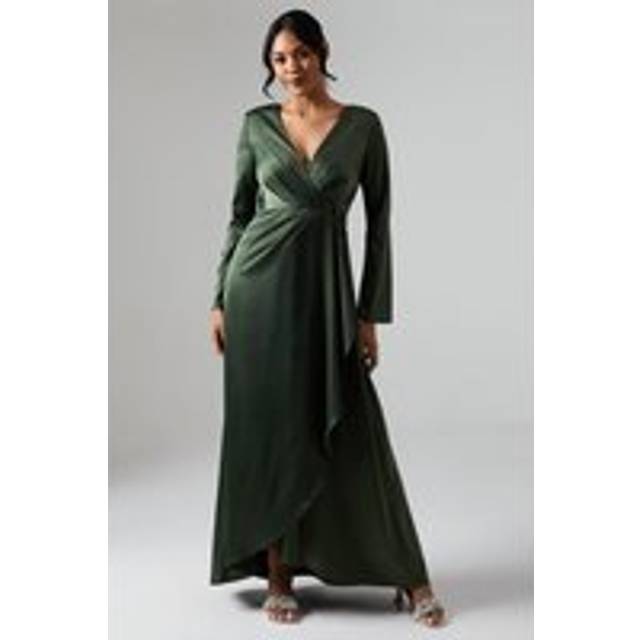 Debut London by Coast Long Sleeve Waterfall Detail Satin Bridesmaids Dress - Olive - 10
