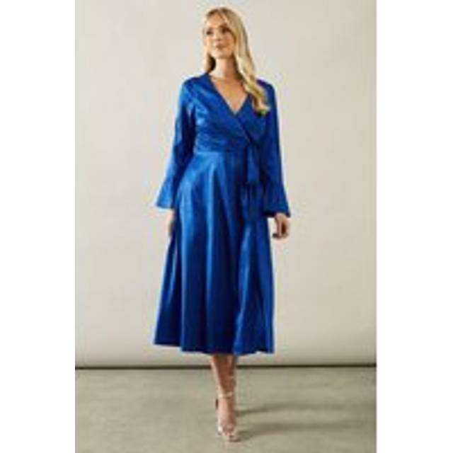 Womens Petite Animal Satin Jacquard Wrap Midi Dress - Cobalt - 8