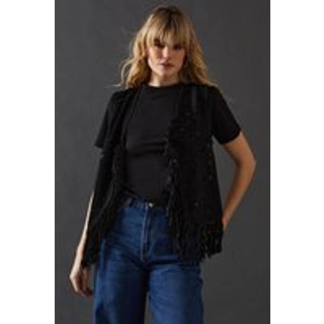 Warehouse Womens Real Suede Fringed Waistcoat - Black - Size 8 UK