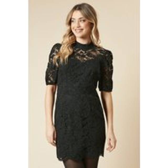 Womens Lace High Neck Short Sleeve Mini Dress - Black - 8