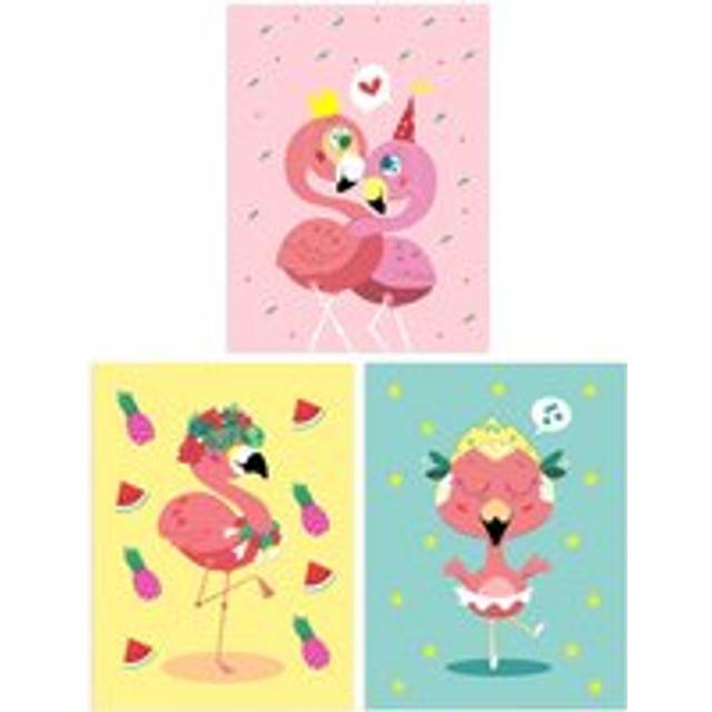 Pack of 3 Kids Bedroom Nursery Cute Flamingo Bird Party Couple Ballerina Bright Pastel Colour Unframed Wall Art Living Room Prints Set - Multi - One Size