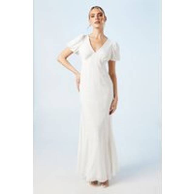 Oasis Womens V Neck Puff Sleeve Satin Jacquard Wedding Dress - White - Size 10 UK