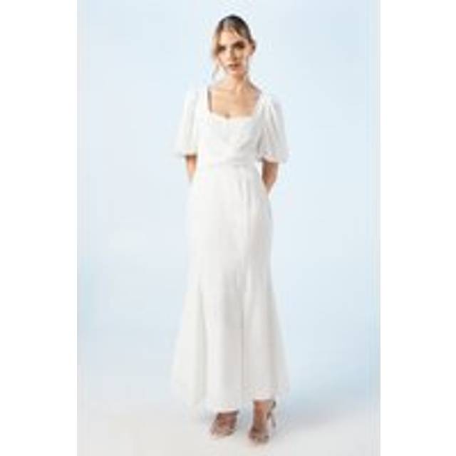 Oasis Womens Puff Sleeve Satin Jacquard Wrap Waist Wedding Dress - White - Size 10 UK