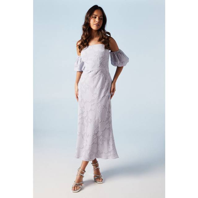 Rose Jacquard Puff Sleeve Asym Detail Bridesmaids Midi Dress - Lilac - 12