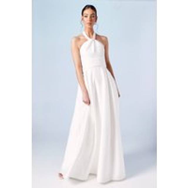 Structured Satin Halterneck Bow Back Wedding Dress - Ivory - 12