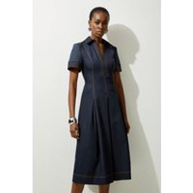Tailored Denim Full Skirted Midi Shirt Dress - Indigo