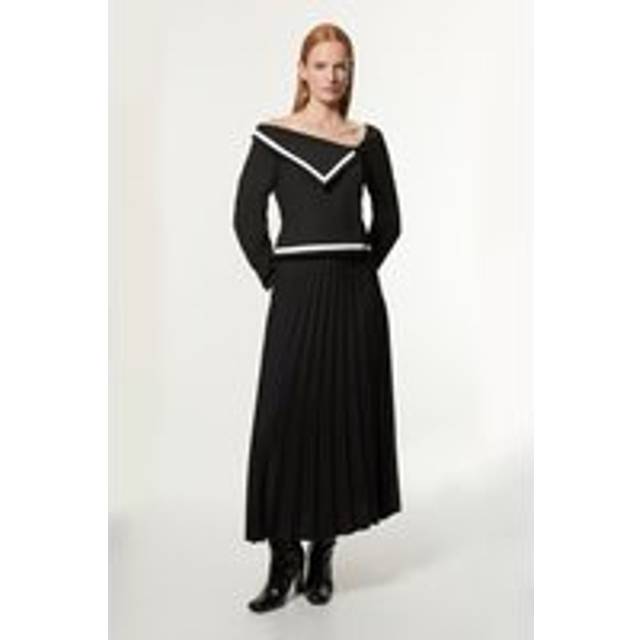 Petite Compact Stretch Asymmetric Neck Colour Block Pleated Tailored Midaxi Dress - Mono