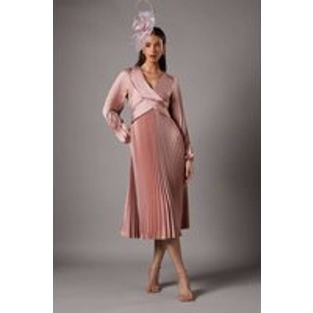 Pleat Skirt Satin Midi Dress - Pink - 8