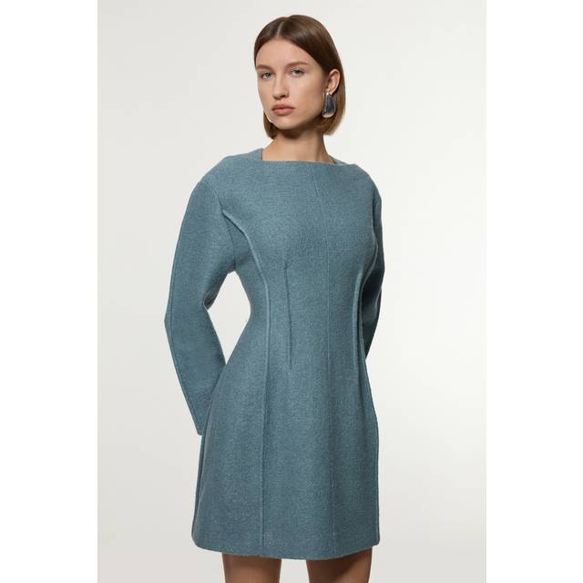 Textured Wool Blend Darted Tailored Mini Dress - Pale Blue