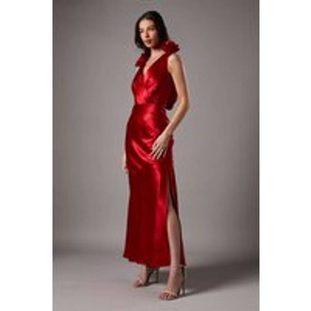 Statement Corsage Satin Maxi Dress - Red - 12
