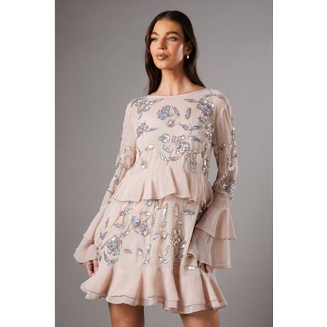 Sequin Long Sleeve Ruffle Mini Dress - Nude - 10