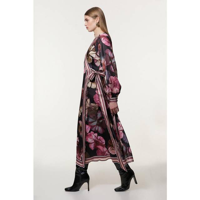 Petite Floral Border Print Woven Wrap Midi Skirt - Black - 8