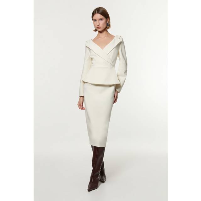 Compact Stretch Tailored Assymetric Peplum Pencil Midiaxi Dress - Ivory