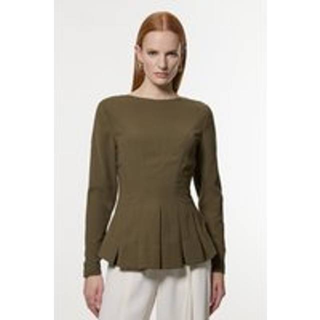 Pleated Long Sleeve Open Back Detail Woven Blouse - Olive