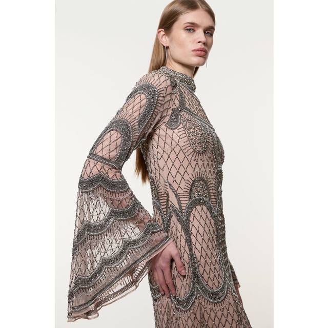 Petite Embellished And Beaded Long Sleeve Woven Maxi Dress - Nude