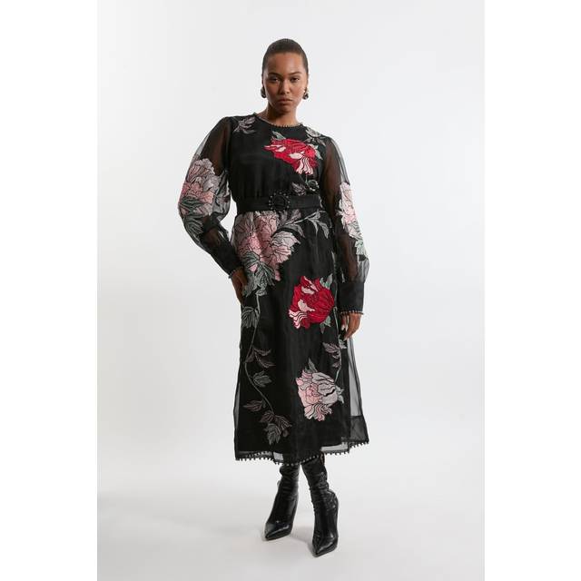 Plus Size Embroidered Organdie Woven Balloon Sleeve Maxi Dress With Beading - Floral