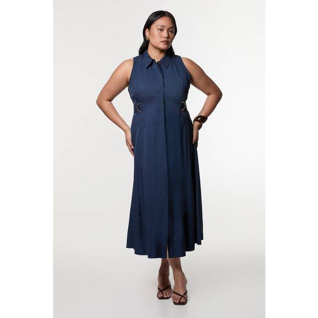 Plus Size Viscose Linen Topstitch Halter Neck Woven Midi Dress With D Ring Detail - Navy