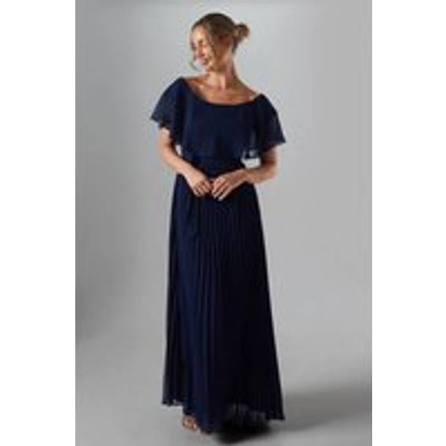 Crinkle Chiffon Bardot Bridesmaid Maxi Dress - Navy - 10